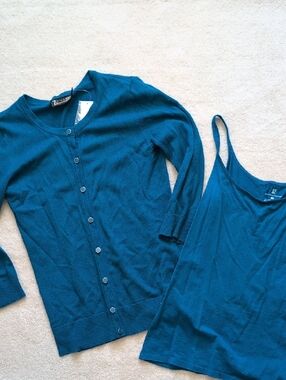 New York & Company Teal Snap-Front Cardigan Cami Bundle